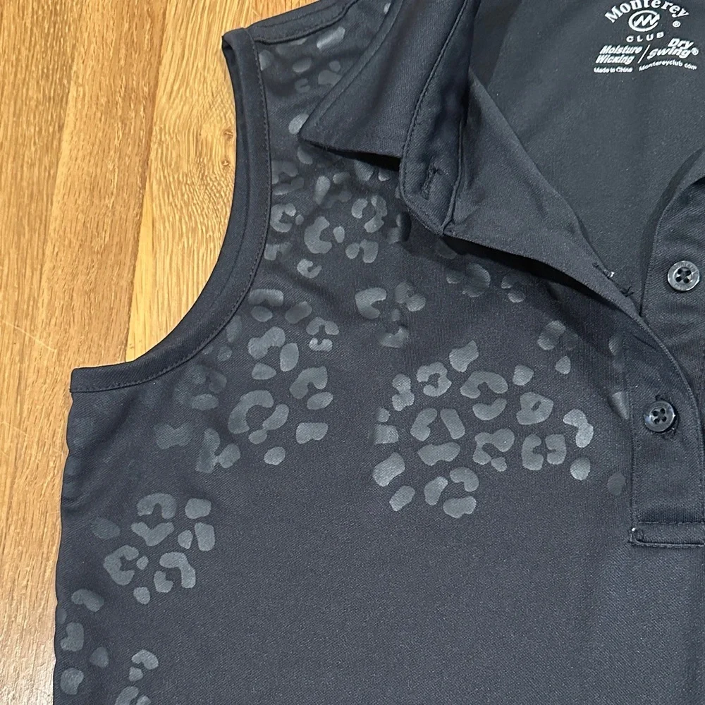 *last chance* Monterey Club | Women's Black Sleeveless Polo Top, cheetah accent - Picture 4 of 12